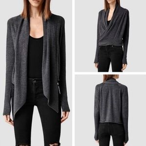 Allsaints Wasson Pirate Cardigan 100% Merino Wool Charcoal Edgy Womens Size 10